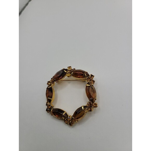 Vintage Brooch Pin Round Gold Tone Brown Yellow Crystals Jewelry Costume - Picture 6 of 13